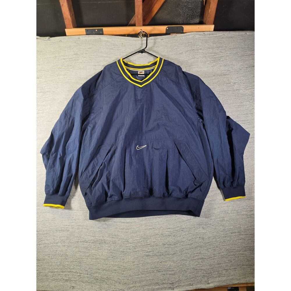 Vintage 90s Nike Windbreaker Pullover Navy Blue Yellow V Neck Center Swoosh XXL